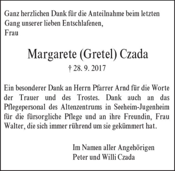 Traueranzeige von Margarete Gretel Czada von Trauerportal Echo Online