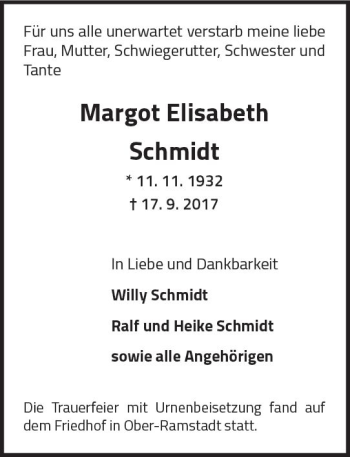 Traueranzeige von Margot Elisabeth Schmidt von Trauerportal Echo Online