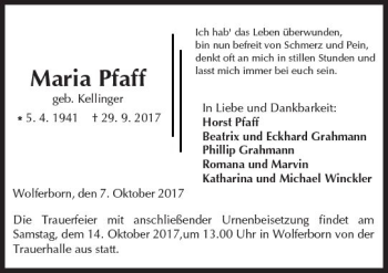 Traueranzeige von Maria Pfaff von  Kreisanzeiger