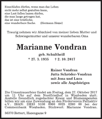 Traueranzeige von Marianne Vondran von Trauerportal Rhein Main Presse