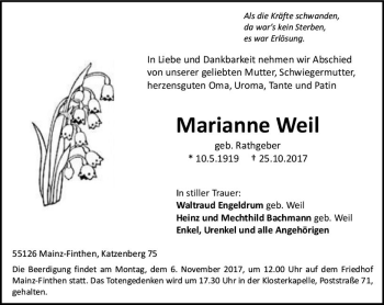 Traueranzeige von Marianne Weil von Trauerportal Rhein Main Presse