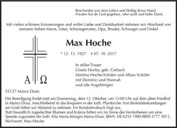Traueranzeige von Max Hoche von Trauerportal Rhein Main Presse