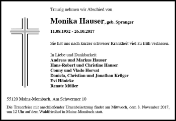 Traueranzeige von Monika Hauser von Trauerportal Rhein Main Presse