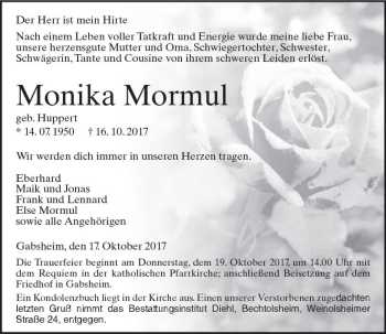 Traueranzeige von Monika Mormul von Trauerportal Rhein Main Presse