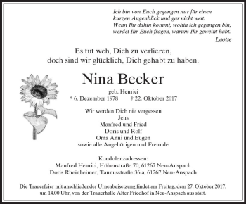 Traueranzeige von Nina Becker von  Usinger Anzeiger Traueranzeige von Nina Becker von  Usinger Anzeiger