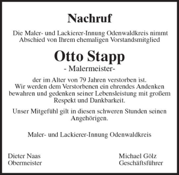 Traueranzeige von Otto Stapp von Trauerportal Echo Online