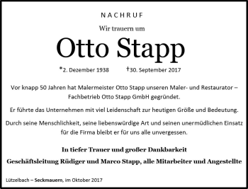 Traueranzeige von Otto Stapp von Trauerportal Echo Online