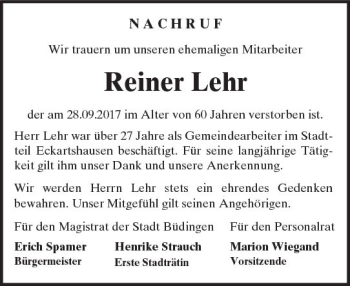 Traueranzeige von Reiner Lehr von  Kreisanzeiger