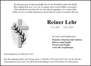 Traueranzeige von Reiner Lehr von  Kreisanzeiger