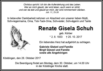 Traueranzeige von Renate Gisela Schuh von VRM Trauer Traueranzeige von Renate Gisela Schuh von VRM Trauer