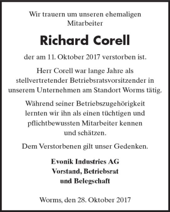Traueranzeige von Richard Corell von Trauerportal Rhein Main Presse