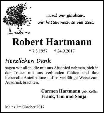 Traueranzeige von Robert Hartmann von Trauerportal Rhein Main Presse