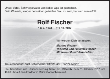 Traueranzeige von Rolf Fischer von Trauerportal Rhein Main Presse