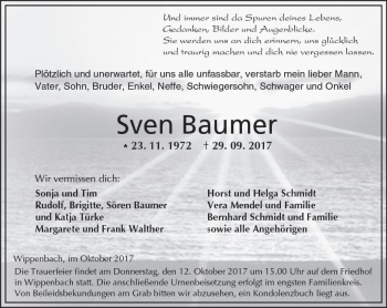 Traueranzeige von Sven Baumer von  Kreisanzeiger