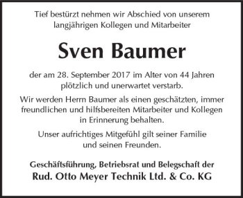 Traueranzeige von Sven Baumer von  Kreisanzeiger