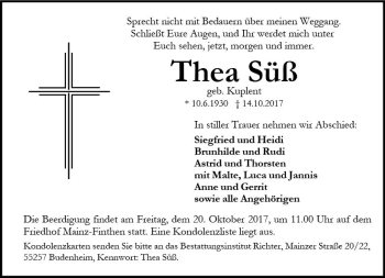 Traueranzeige von Thea Süß von Trauerportal Rhein Main Presse