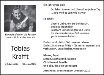 Traueranzeige von Tobias Krafft von Trauerportal Rhein Main Presse