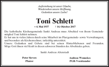 Traueranzeige von Toni Schlett von  Kreisanzeiger