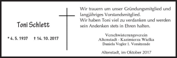 Traueranzeige von Toni Schlett von  Kreisanzeiger