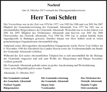 Traueranzeige von Toni Schlett von  Kreisanzeiger
