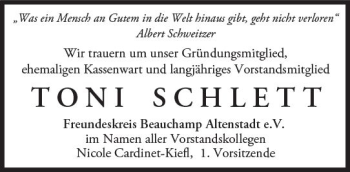 Traueranzeige von Toni Schlett von  Kreisanzeiger