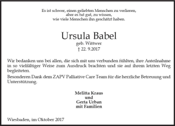Traueranzeige von Ursula Babel von Trauerportal Rhein Main Presse