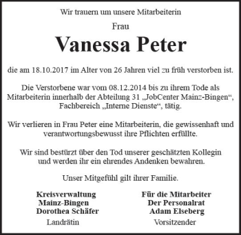 Traueranzeige von Vanessa Peter von Trauerportal Rhein Main Presse