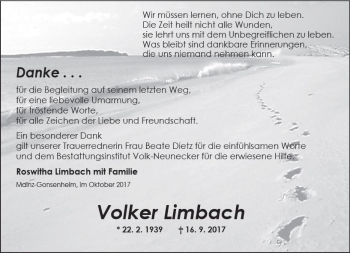 Traueranzeige von Volker Limbach von Trauerportal Rhein Main Presse