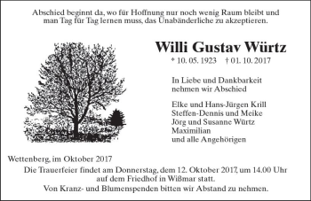 Traueranzeige von Willi Gustav Würtz von  Gießener Anzeiger