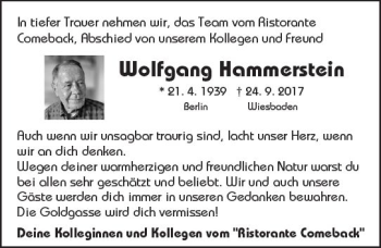 Traueranzeige von Wolfgang Hammerstein von Trauerportal Rhein Main Presse