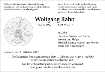 Traueranzeige von Wolfgang Rahn von  Gießener Anzeiger