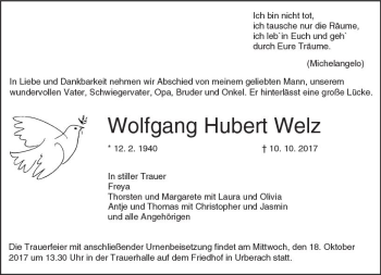 Traueranzeige von Wolfgang Hubert Welz von Trauerportal Echo Online