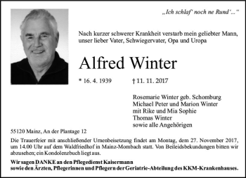 Traueranzeige von Alfred Winter von Trauerportal Rhein Main Presse