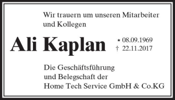Traueranzeige von Ali Kaplan von Trauerportal Echo Online