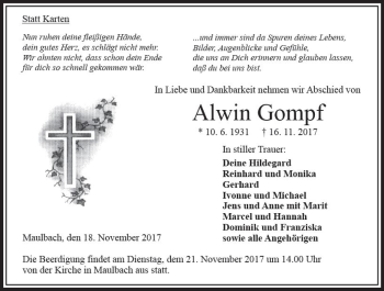Traueranzeige von Alwin Gompf von VRM Trauer