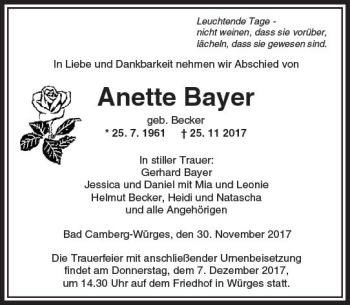 Traueranzeige von Anette Bayer von  Camberger Anzeiger