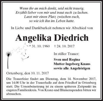 Traueranzeige von Angelika Diedrich von  Kreisanzeiger