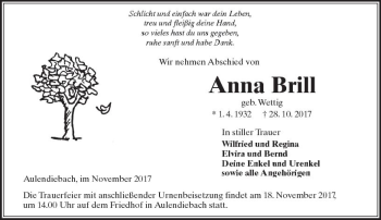 Traueranzeige von Anna Brill von  Kreisanzeiger