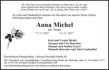 Traueranzeige von Anna Michel von Trauerportal Rhein Main Presse