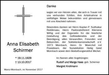 Traueranzeige von Anna Elisabeth Schirmer von Trauerportal Rhein Main Presse