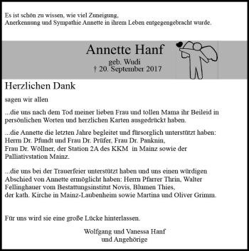 Traueranzeige von Annette Hanf von Trauerportal Rhein Main Presse