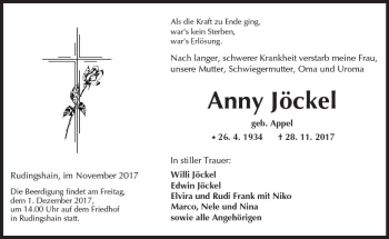 Traueranzeige von Anny Jöckel von  Kreisanzeiger