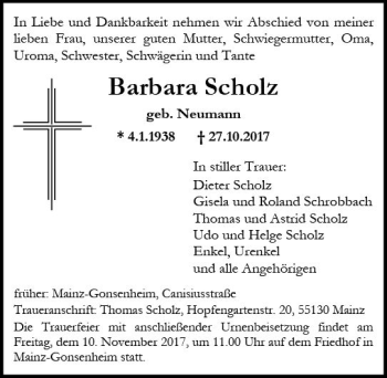 Traueranzeige von Barbara Scholz von Trauerportal Rhein Main Presse