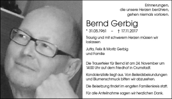 Traueranzeige von Bernd Gerbig von Trauerportal Echo Online