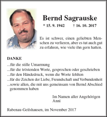 Traueranzeige von Bernd Sagrauske von  Gießener Anzeiger