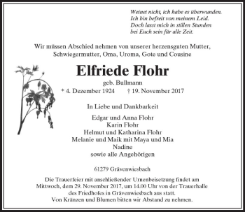 Traueranzeige von Elfriede Flohr von  Usinger Anzeiger