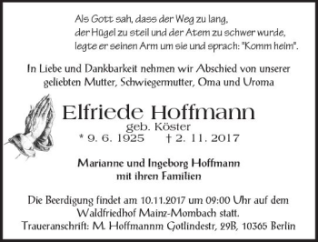 Traueranzeige von Elfriede Hoffmann von Trauerportal Rhein Main Presse