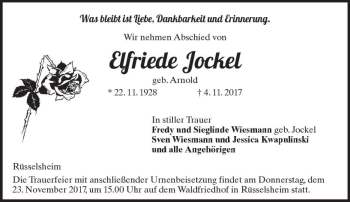 Traueranzeige von Elfriede Jockel von Trauerportal Rhein Main Presse