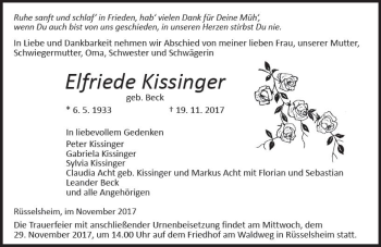 Traueranzeige von Elfriede Kissinger von Trauerportal Rhein Main Presse