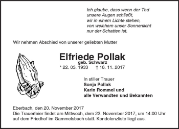 Traueranzeige von Elfriede Pollak von Trauerportal Echo Online